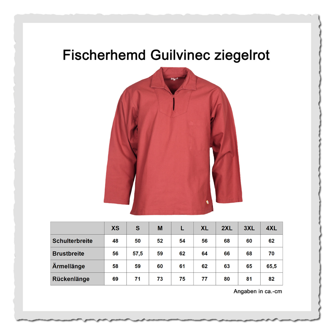Masstabelle Fischerhemd von Armor Lux in Ziegelrot, klassischer Kragen, Canvas-Baumwolle, maritim inspiriert